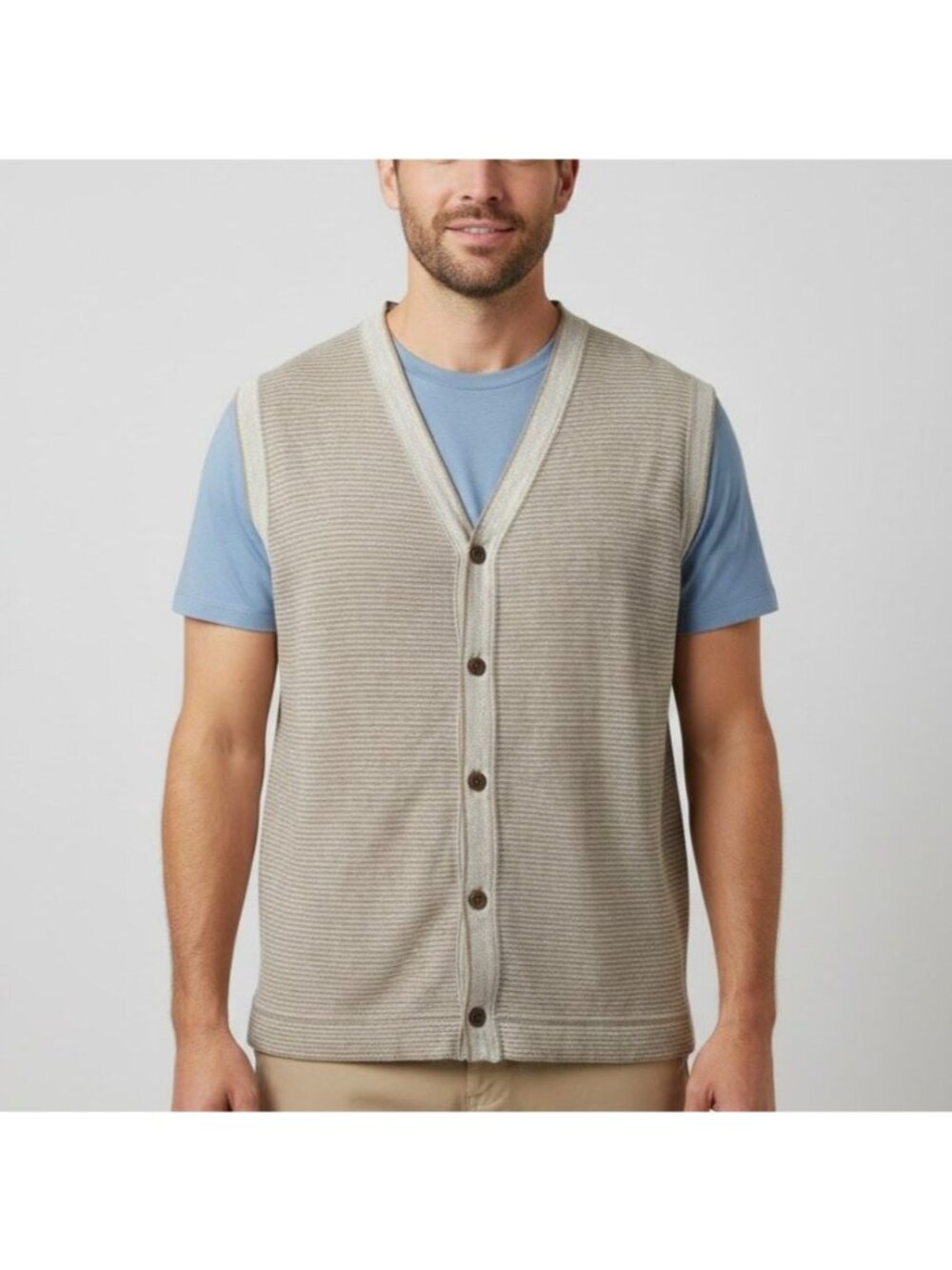 Vintage Britches Georgetowne Size L Gray Beige Stripe Linen Blend Cardigan Vest